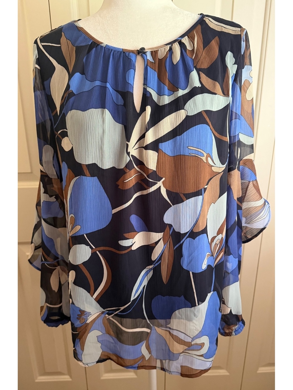 Chico’s Size 1 M Blue Brown Floral Sheer Lined Bell Sleeve Blouse Tunic